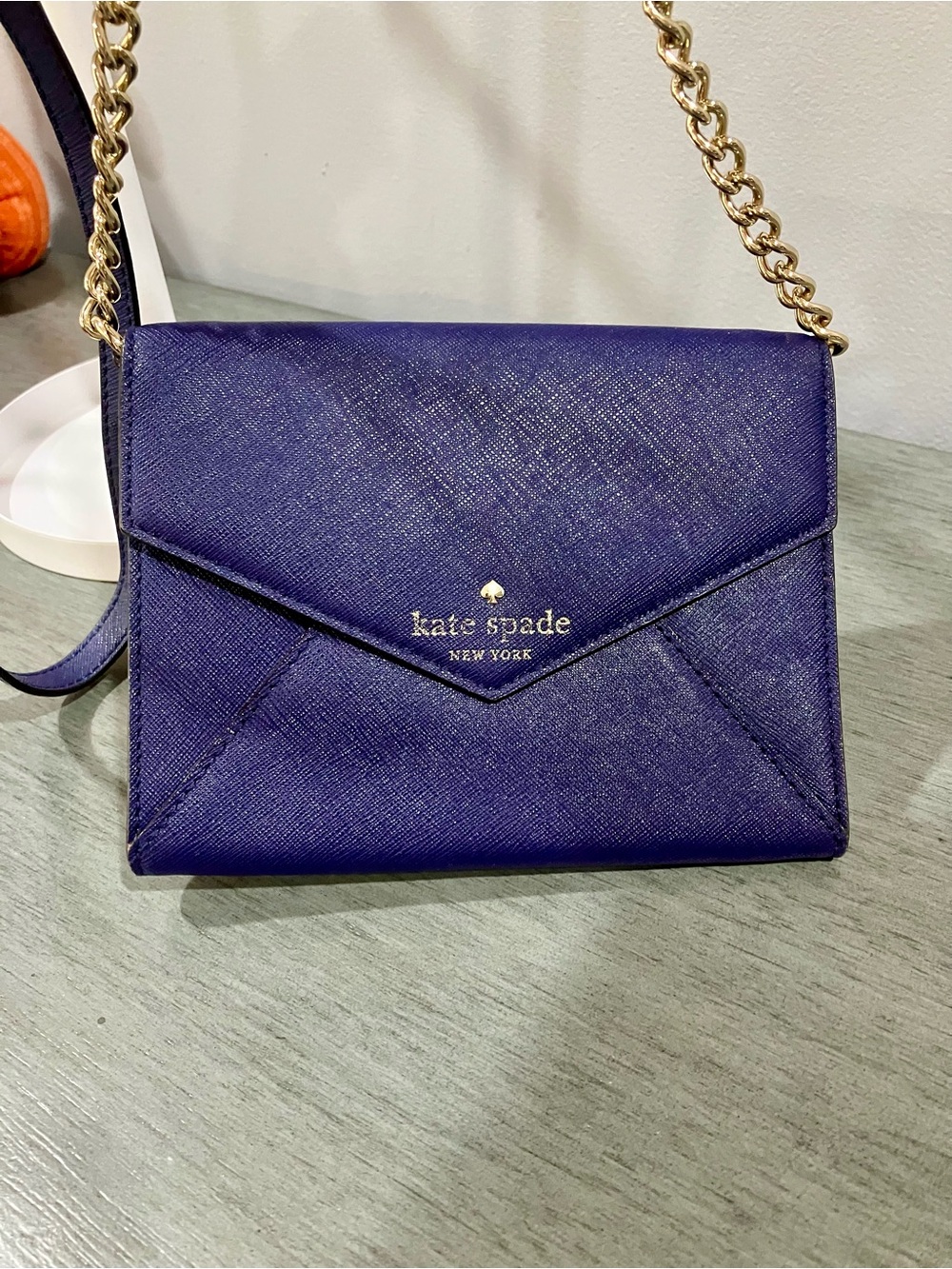Kate Spade Purple Saffiano Envelope Crossbody with Gold Chain